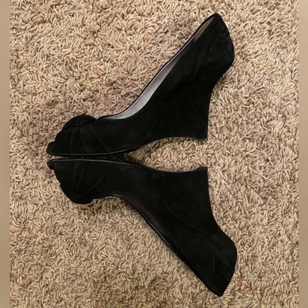 Prada Y2K Black Suede Peep Toe Wedge Pumps Square Toe Leather IT 40 US 9.5-10 - Picture 8 of 13